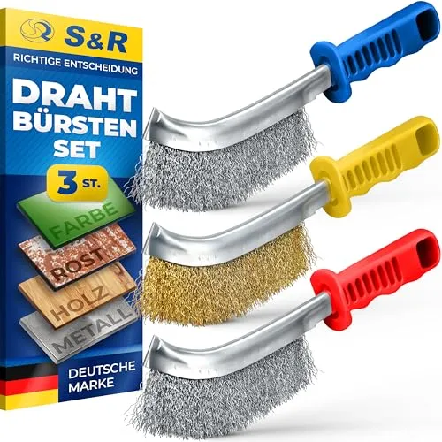 S&R 3-teiliges Hand-Drahtbürsten-Set: Edelstahl-, Messing- und Stahlbürsten für Metall, Holz, Rost, Entgraten und Schweißnaht-Reinigung – Ergonomische, schmale Handbürsten für Werkstatt & DIY-Projekte