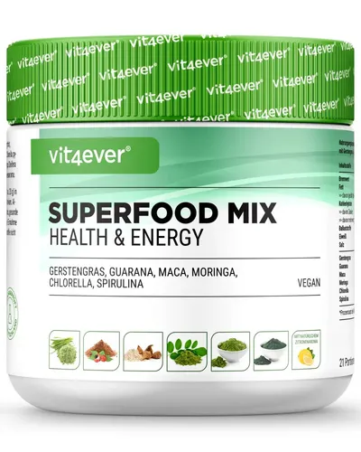 vit4ever Superfood Kombination - 420 g Pulver mit Gerstengras, Guarana, Maca, Chlorella, Spirulina, Moringa - Pflanzliches Ergänzungsmittel Maca, hochdosiertes Superfood Pulver für 6 Monate, vegan und laborgeprüft für höchste Qualität und Sicherheit.