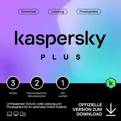 Kaspersky Plus 2024/2025 - 3 Geräte, 1 Jahr Download - Sicherheits-Suite mit Echtzeit-Virenschutz, unbegrenztem VPN und privatem Zahlungsschutz für bis zu 3 Geräte. Schützen Sie Ihre Daten und genießen Sie ungestörte Online-Aktivitäten.