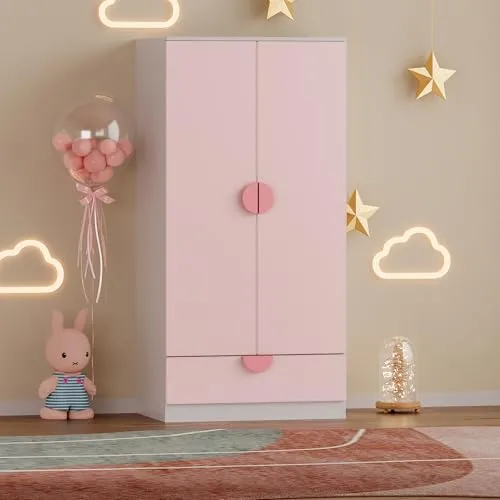 [en.casa] Kinderkleiderschrank Sandnes mit 2 Türen und 1 Schublade - Kinderkleiderschrank in Rosa/Weiß, ideal für moderne Kinderzimmer. Mit kindgerechten Griffen und durchdachter Innenaufteilung für Kleidung und Spielzeug.
