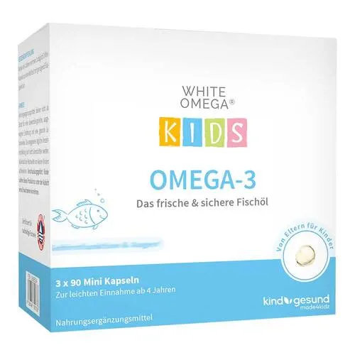 White Omega Kids Weichkapseln - Nahrungsergänzungsmittel mit hochreinen Omega-3-Fettsäuren aus 100% Anchovis, ideal für die gesunde Entwicklung von Kindern.