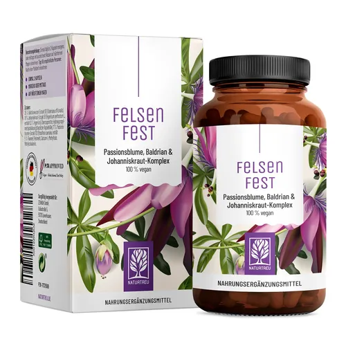 Felsenfest Johanniskraut Baldrian Passionsblume Komplex 90 St - Beruhigungskapseln - Arzneimittel zur Unterstützung bei Stress und Unruhe - rezeptfrei erhältlich, ideal für entspannte Momente.