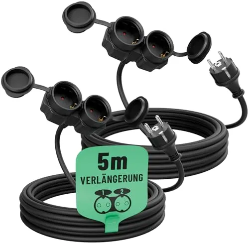 greate 2X 2fach Verlängerungskabel außen 5 Meter - Wasserdicht und Flexibel - Verlängerungskabel für außen - Robustes, wasserfestes Kabel nach IP44, ideal für Gartenbeleuchtung und Baustellen, bleibt auch bei Kälte flexibel.