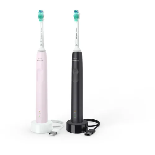 Philips Sonicare 3100 - Elektrische Zahnbürste im Zweierpack, effektive Plaque-Entfernung mit Andruckkontrolle und Timer, ideal für sanfte Mundpflege