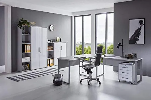 Homeoffice Büromöbel Komplettset Office Edition Set 4 in Lichtgrau/Weiß Matt - Komplettprogramm für Arbeitszimmer mit modernem Design, bestehend aus Winkelschreibtisch, Rollcontainer und Aktenschränken, individuell kombinierbar und Made in Germany.