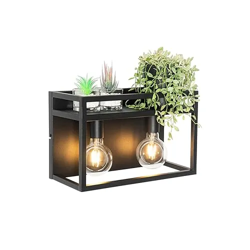 Qazqa - Industrie I Vintage I Smarte Wandleuchte schwarz mit Rack inkl. 2-flammig WiFi G95 - Cage Rack Dimmer I Dimmbar I Wohnzimmer I Schlafzimmer - Stahl Rechteckig - LED geeignet E27