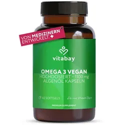 Vitabay Omega 3 Vegan 60 Kapseln - Hochdosierte Algenöl-Alternative - Vitabay Omega 3 Vegan Kapseln bieten eine pflanzliche Quelle für essentielle Fettsäuren. Mit 600 mg DHA und 300 mg EPA pro Tagesportion unterstützen sie die allgemeine Gesundheit und sind 100 % vegan sowie frei von Allergenen.