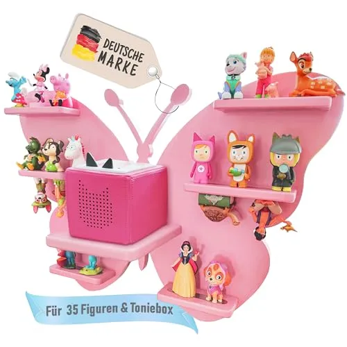 TONIGAL® Tonie Regal Schmetterling mit Platz für bis zu 35 Tonie Figuren, Toniebox & Ladestation I Magnetisches Toniebox Regal aus Holz in Rosa, Pink I Sicheres Tonieregal Dank Abgerundeter Ecken