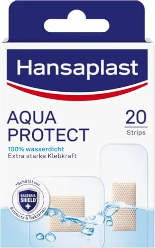 Hansaplast AQUA PROTECT Pflaster 20 St. - Wasserfest & Atmungsaktiv - Pflaster & Verbandsmaterial, 100% wasserfest und ideal für Duschen, Baden oder Schwimmen. Starker Halt und atmungsaktive Materialien für optimalen Tragekomfort.