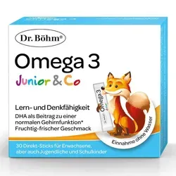 Dr. Böhm Junior Omega 3 Direktsticks 30X1.5 g - Nahrungsergänzungsmittel für Kinder, unterstützt die gesunde Entwicklung und sorgt für eine optimale Versorgung mit Omega-3-Fettsäuren.