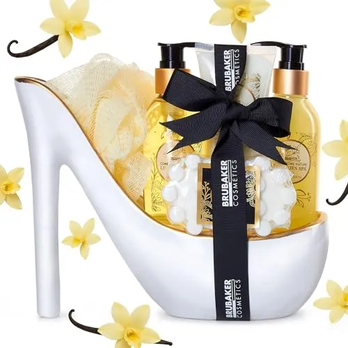 BRUBAKER Cosmetics Luxus Vanilla Spa Beautyset - 6-teiliges Bade- und Dusch Set - Körperpflegeset für luxuriöse Wellnessmomente zu Hause. Verführerischer Vanille-Duft und pflegende Produkte in einem dekorativen Keramik Stiletto.