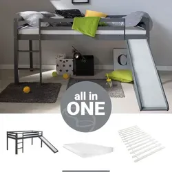 Homestyle4u Kinderbett 90x200 mit Rutsche und Matratze - Modernes Hochbett aus Kiefernholz in Grau, inklusive Lattenrost und Matratze. Mit seiner Rutsche und der Sicherheitsumrandung bietet es nicht nur Spielspaß, sondern auch Sicherheit für Ihr Kind.