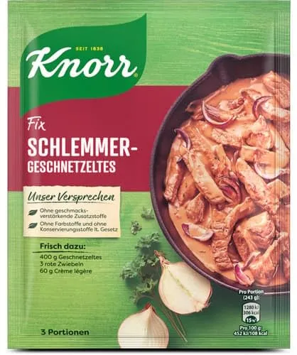 Knorr Fix Würzmischung Schlemmer-Geschnetzeltes für ein leckeres Fleischgericht ohne geschmacksverstärkende Zusatzstoffe 43 g 1 Stück