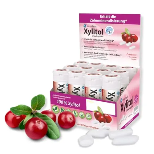 miradent Xylitol Zahnpflegekaugummi Cranberry Display 12 St. | fruchtiger Geschmack | zuckerfrei | vegan | kariespräventiv | für unterwegs