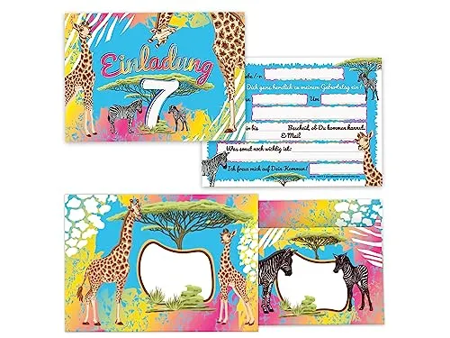 Limonia 12 Einladungskarten incl. 12 Umschläge zum 7. Geburtstag Einladung Kindergeburtstag Mädchen Jungen Karten Safari Giraffe Zebra Pferd Sahara