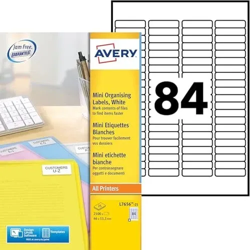 Avery Zweckform L7656-25 Etiketten weiß 46x11.1mm - Diverse E - Selbstklebende, bedruckbare Etiketten in A4-Größe, ideal für Kopierer und Drucker. Mit 2100 Stück perfekt für Organisation und Beschriftung!