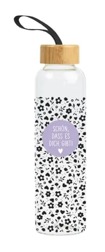 Grafik-Werkstatt Trinkflasche aus Glas mit lustigem Spruch | mit Griffschlaufe | 550 ml | Schön, das es dich gibt, Bunt