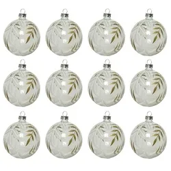 Kaemingk Weihnachtsbaumkugel, Weihnachtskugeln Glas 8cm mit Blätter Muster 12er Set Klar transparent goldfarben