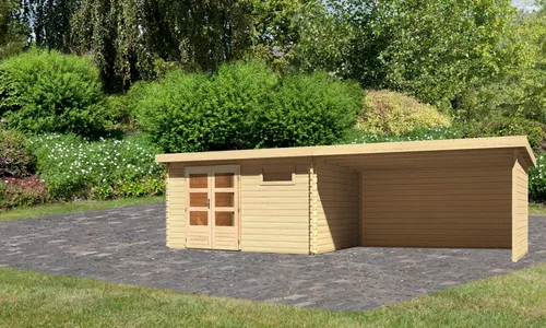 Gartenhaus KARIBU, beige - Vielseitiges Holzwerkstoff-Gartenhaus - Gartenhäuser: Blockbohlensystem mit Doppelflügeltür, ideal für kreative Gartenprojekte - ohne Fußboden und Dacheindeckung, 10 Jahre Herstellergarantie.