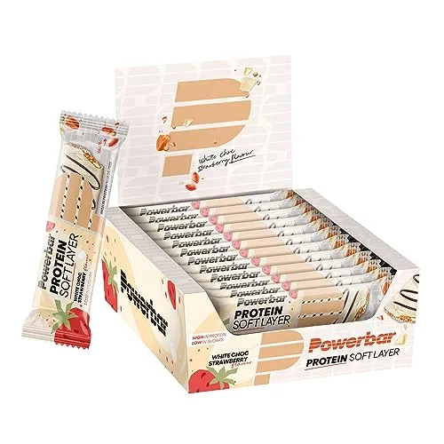 PowerBar Eiweissriegel Protein Soft Layer - Weisse Schokolade/Erdbeere 12x40g Box - Energie-Riegel mit 10g Protein pro Riegel, ideal für Sportler und gesundes Snacking, palmölfrei und plastikfrei verpackt.