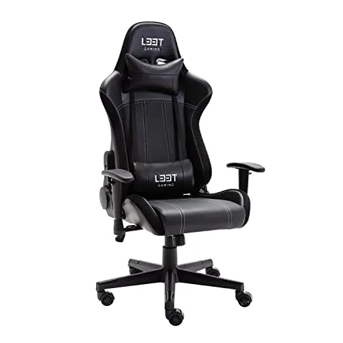 L33T Gaming Stuhl - Evolve Gaming Chair - Bürostuhl Ergonomischer Chefsessel Pro Comfort PC-Stuhl mit Nacken, u. Lendenwirbelkissen, Verstellbarer Schreibtischstuhl, PU-Lederbezug, Schwarz