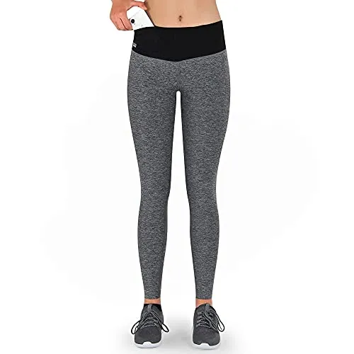 Formbelt Damen Leggings lang mit Taschen grau Melange - Sporthose mit Handyfach - Hochwertige Damen Laufhose mit integrierten Handytaschen für optimalen Stauraum. Der leichte Kompressionsbund sorgt für eine schlanke Taille. Ideal für verschiedene Sportarten und Freizeitaktivitäten.