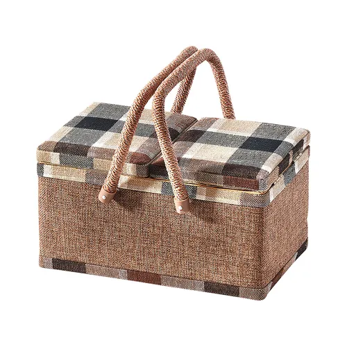 Kobolo Nähkorb beige kariert – Praktisches Nähkästchen - Nähkästchen mit Organisationseinsatz, ideal zur Aufbewahrung von Nähutensilien. Handgefertigt aus Holz und Baumwolle, sorgt für Ordnung und Stil in Ihrem Nähzimmer.