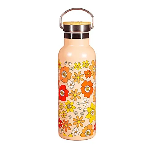 Sass & Belle 70er Jahre Floral Wasserflasche 500ml - Doppelwandige Edelstahl-Wasserflasche mit nostalgischem Blumendruck in kräftigen Farben. Ideal für heiße und kalte Getränke – perfekt für unterwegs und umweltfreundlich.