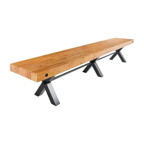 Massive Sitzbank Thor - 240cm - Vintage braun - Bänke aus recyceltem Pinienholz mit imposantem X-Gestell im Industrial Look, bietet nachhaltigen Komfort und authentische Bohlenoptik.