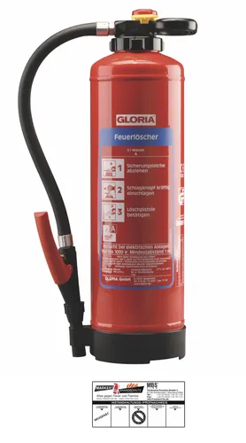 Gloria WH6 Pro Wasser Feuerlöscher 6l - Zuverlässiger Wasserlöscher mit Halterung, ideal für den Einsatz in Privathaushalten oder Büros, hergestellt in Deutschland.