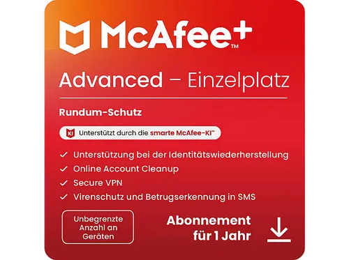 McAfee+ Advanced Einzelperson - Antivirus & Internet-Sicherheitssoftware - Schützen Sie Ihre Geräte mit McAfee+ Advanced. Diese Sicherheitssoftware bietet umfassenden Schutz für eine unbegrenzte Anzahl an Geräten und ist ideal für den täglichen Einsatz.