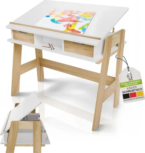 Juskys Kinderschreibtisch Fietje Plus - Höhen- und neigungsverstellbarer Kinderschreibtisch aus Holz, ideal für ergonomisches Lernen und Spielen, mit praktischem Stauraum.