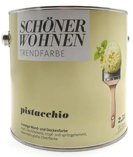 SCHÖNER WOHNEN FARBE Dispersionsfarbe »Trendfarbe« Jubiläumsedition Pistacchio, 2,5 l - matt und strapazierfähig - Farben für Wände und Decken, hochdeckend und scheuerbeständig. Ideal für eine einfache und saubere Verarbeitung in jedem Raum.
