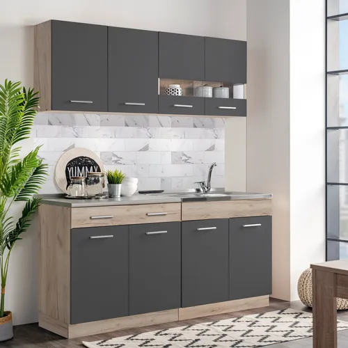 Homestyle4u 2355 Küchenblock 160cm Grau Eiche - Küchenzeile ohne Geräte, kompakte Singleküche mit viel Stauraum und individuell montierbaren Hängeschränken für optimale Anpassung an Ihre Körpergröße.