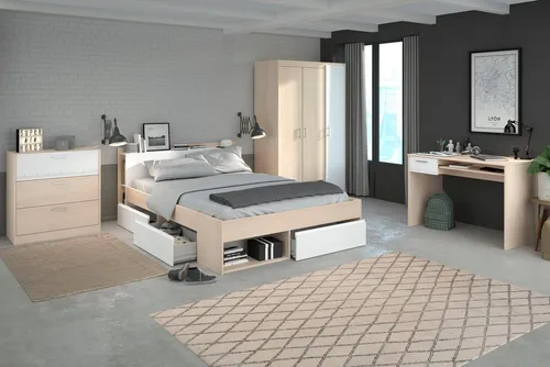 Jugendzimmer-Set PARISOT "Most" - Komplettes Schlafzimmermöbel-Set in modernem Akazien-/Weiß-Dekor. Inklusive Funktionsbett mit Stauraum, Kleiderschrank und Schreibtisch – ideal für kleine Räume.