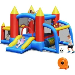 COSTWAY Hüpfburg mit Rutsche und 60 Ozeanbällen - Spielplatz für Kinder ab 3 Jahren, inklusive 450W Gebläse und farbenfrohem Design in Blau, Rot und Gelb für stundenlangen Spaß!