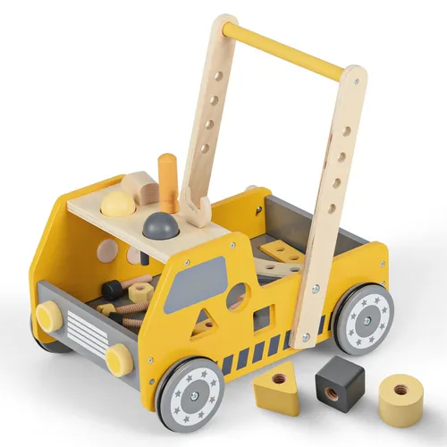 Lauflernwagen Holz Lauflernhilfe mit Werkbank ab 1 Jahr - Farbe: Gelb, ideal zur Förderung der motorischen Fähigkeiten und spielerischen Entdeckung. Perfekt für kleine Abenteurer!