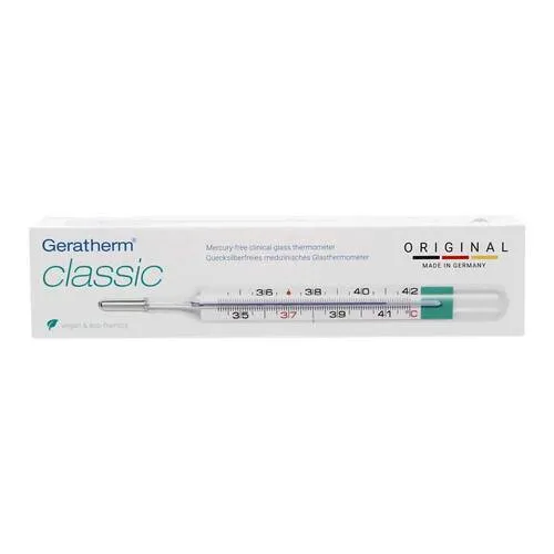 Geratherm classic mit easy flip Fieberthermometer - Medizinisches Glasthermometer ohne Quecksilber, ideal für rektale, orale und axillare Temperaturmessungen von 35,5°C bis 42,0°C. Mit praktischer Rücksetzhilfe für einfache Handhabung.