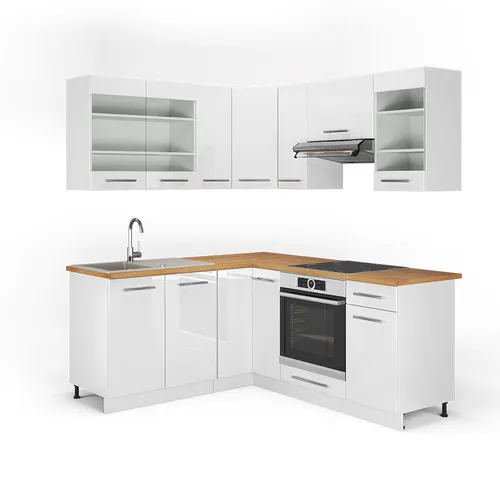 Vicco Winkelküche Fame-Line in Weiß Hochglanz - Küchenzeilen mit stilvollem Design, ausgestattet mit einer eleganten Goldkraft Eiche Arbeitsplatte und viel Stauraum durch 4 Unterschränke und 6 Hängeschränke.