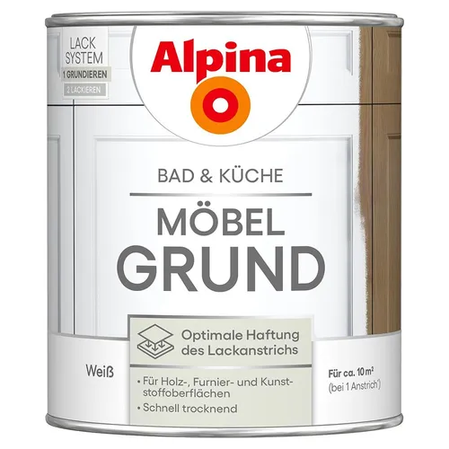 Alpina Möbellack für Küche & Badezimmer Grundierung 750 ml - Farben, langlebige Grundierung für Holzoberflächen in feuchten Räumen, sorgt für eine optimale Haftung und Schutz.
