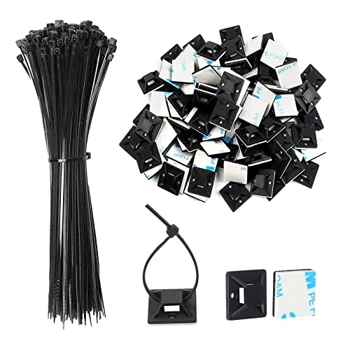 JatilEr 200 Stück Klebesockel für Kabelbinder Schwarz, Kabelbefestigung Selbstklebend Klebepads Kabelbinder Set (100 x Kabelbinder 150mm Länge, 100 x Kabelhalter 18 mm Breite)