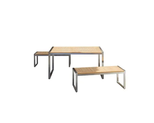 Tikamoon Garten-Essgruppe Arno - 6 Plätze Teakholz Set - Essgruppen aus massivem FSC® Teakholz und rostfreiem Edelstahl, ideal für 6 Personen. Holen Sie sich den aktuellen Outdoor-Trend nach Hause!