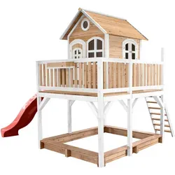 Axi Liam Spielhaus mit Doppelschaukel - Braun/Weiß mit Roter Rutsche - Spieltürme & Spielanlagen: Vielseitiges Spielhaus aus 100% Hemlockholz mit Doppelschaukel, Rutsche, Sandkasten und Briefkasten für endlosen Spielspaß im Garten.