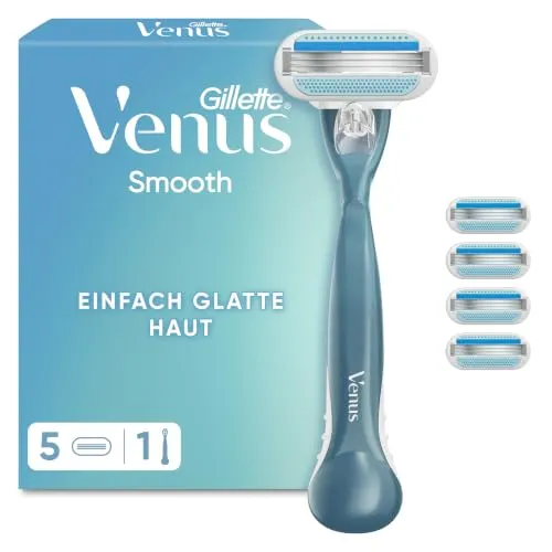 Gillette Venus Smooth Damenrasierer + 5 Rasierklingen - Damenrasierer Gillette Venus Smooth mit 5 Klingen für eine mühelose und präzise Rasur. Ideal für Achselhöhlen, Beine und mehr. Für ein glattes Hautgefühl, einfach in der Anwendung.