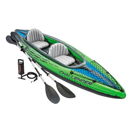Intex Schlauchboot Challenger K2, 2 Plätze - Aufblasbares Kajak, ideal für ruhige Gewässer, mit stabiler SuperStrong-PVC-Konstruktion und praktischem Zubehör für ein komfortables Paddelerlebnis.
