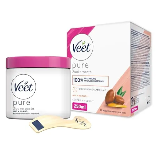 Veet Pure Zuckerpaste mit Arganöl - Haarentfernung für Körper & Gesicht - Zuckerpaste für Körper & Gesicht, 100% natürliche Inhaltsstoffe, ideal für sensible Haut, langanhaltende Ergebnisse bis zu 28 Tage für seidig glatte Haut.