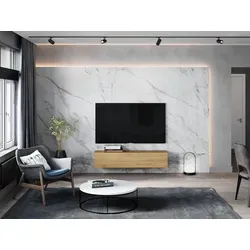 PLATAN ROOM Fernsehschrank TV-Lowboard 140 cm in Eiche Gold - TV-Halterungen: Minimalistisches Lowboard, wahlweise hängend oder stehend, mit Push-to-Open-Funktion für einen eleganten Look und praktischen Stauraum.