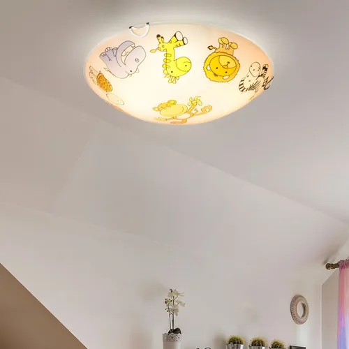 Bunte Kinder Deckenleuchte mit Tiermotiven, D 30 cm - Farbenfrohe Deckenleuchte für das Kinderzimmer mit Tiermotiven. Ideal für eine helle und einladende Atmosphäre. Platz für zwei E27 Leuchtmittel (nicht enthalten) für optimale Beleuchtung.