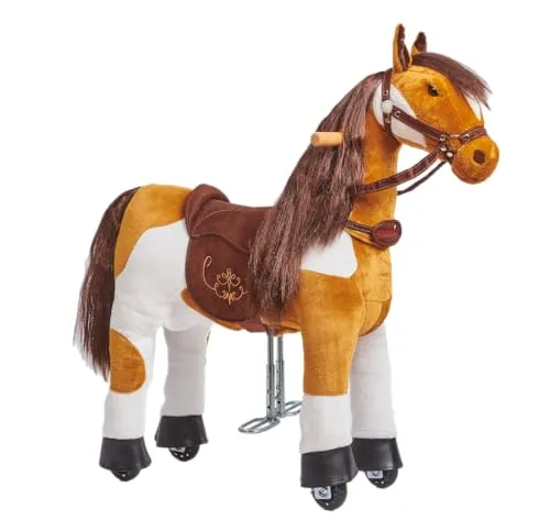 PONNIE Reitpferd mit Rollen Misty S für Kinder 3-6 Jahre (30 kg) – Ohne Batterie – Mitwachsend dank höhenverstellbarer Steigbügel – Kämmbar mit abnehmbarem braun Sattel – Für drinnen & draußen – 87 cm