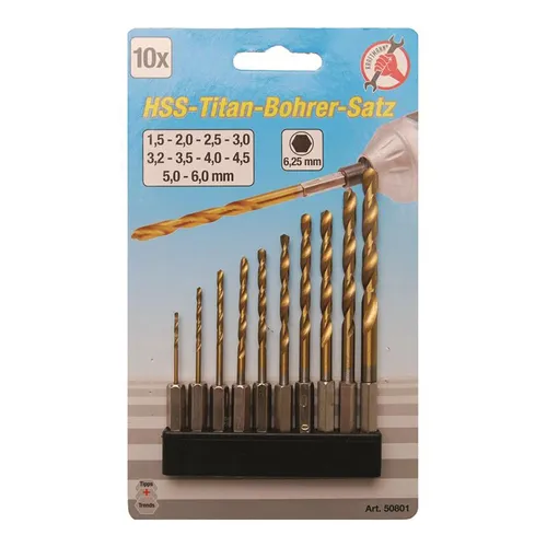 HSS-Bohrer-Satz Titan-nitriert 1,5 - 6 mm, 10-tlg. - Praktischer 10-teiliges HSS-Bohrer-Set mit titan-nitrierten Spiralbohrern von 1,5 bis 6 mm. Ideal für präzise Bohrarbeiten in verschiedenen Materialien, mit robustem Steckmagazin für einfache Handhabung.